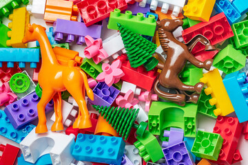 Colorful plastic construction blocks Children's construction kit Educational concept   - 707654343