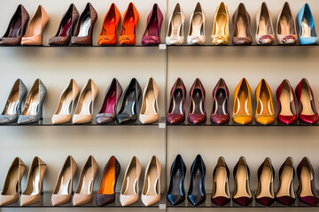 Rows of discounted women footwear - obrazy, fototapety, plakaty