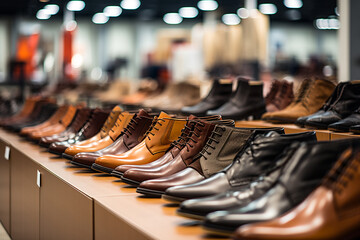 Leather shoes were lined up on the store shelves. Men elegant shoes in a man boutique. Models sold at a discount. - obrazy, fototapety, plakaty