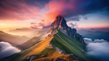 Papier Peint photo Alpes Beautiful landscape, Seceda Mountain on summer at dolomites, Italy, sunrise lighting