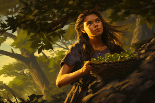 Stone Age young female gatherer, prominently focused, collecting berries in a lush forest, with faint images of other gatherers in the background