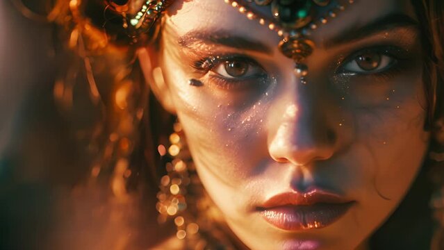 A fierce and powerful portrait of a woman with dark hair, adorned with glistening olivetoned jewels, paying homage to Athena, the goddess of wisdom and war.