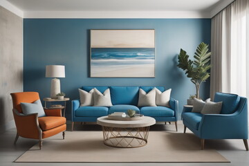 Fototapeta na wymiar interior design of modern living room with blue sofa