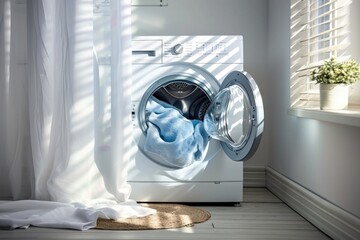 Open door in washing machine with laundry inside.