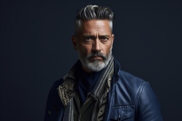 Portrait of a handsome middle-aged man with gray hair and beard wearing a blue leather jacket and scarf. Men's beauty, fashion.