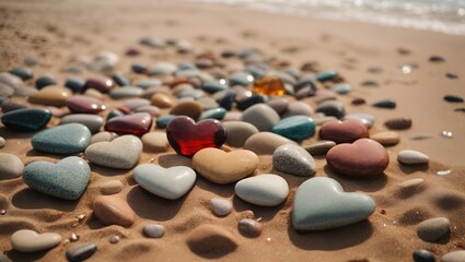 Fototapeta na wymiar heart shaped stones on beach, valentine's day concept