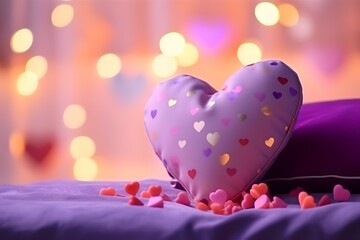Valentine's Day Sparkling Heart Pillow on Purple Silk