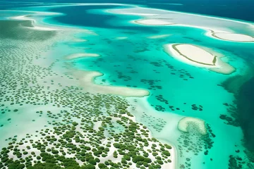 Zelfklevend Fotobehang A mesmerizing aerial view of a network of sandbars and atolls emerging from the turquoise ocean, creating a stunning natural tapestry. © Tae-Wan
