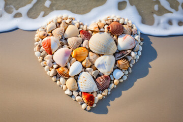 
Photo of a heart shape made from a collection of seashells on a sandy beach