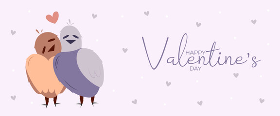 Hand draw banner with two bird and hearts for Valentine's day. Happy Valentine's day and button read more. Peach fuzz, red, purple brow and pink colors.Cartoon style. Web vector illustration