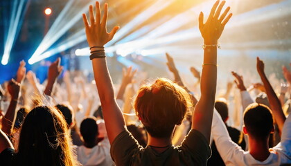 Crowd raising their hands at music concert