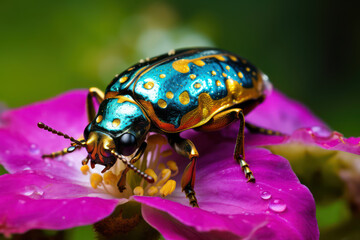Fototapeta premium Vividly marked Jewel beetle, with metallic sheen, on a dew-covered flower petal in the early morning light