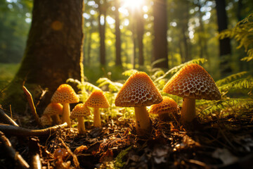 Fototapeta premium Elegant Morchella (morel) mushrooms, with their distinctive honeycomb caps, in a sunlit forest clearing