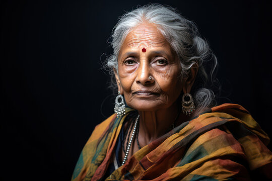 Elderly Indian woman with bindi and traditional jewelry going to puja