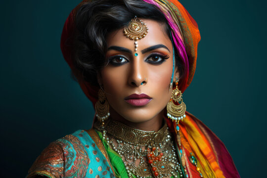
Portrait of a young Hijra individual, wearing traditional Indian attire with a confident expression, vibrant colors
