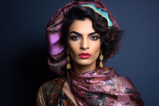 
Portrait of a young transgender Hijra man in modern women's fusion wear, blending traditional and contemporary styles