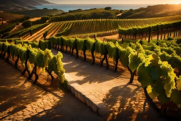 A picturesque vineyard terrace overlooking the sea, with rows of grapevines casting long shadows in...