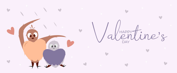 Single hand draw banner with two bird under rain,dots and hearts for Valentine's day. Happy Valentine's day. Peach fuzz, red, purple brow and pink colors.Cartoon style. Web design vector illustration