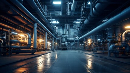 A large industrial building, a factory with steel structures. Inside the refinery, pipes, oil storage facilities and modern equipment. - obrazy, fototapety, plakaty