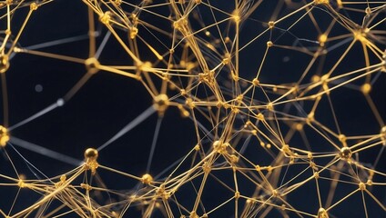 Abstract Plexus Background Design. Gold colored 3d rendered network connection plexus design. Particle dots and lines on dark background with depth of field