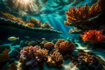 A vibrant underwater garden of coral formations, alive with a myriad of marine creatures, illuminated by dappled sunlight filtering through the waves.
