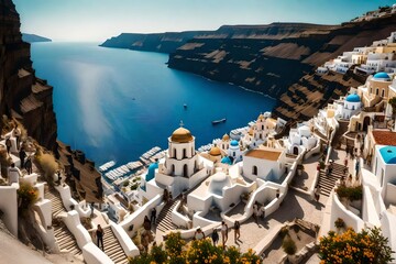 A leisurely stroll along the coastal path of Fira, offering breathtaking vistas of the caldera and the picturesque villages nestled along the cliffs. - obrazy, fototapety, plakaty