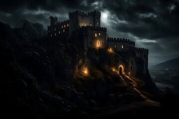 An ancient castle nestled on a hill, partially shrouded in darkness, with faint glimmers of torchlight seeping through the windows.