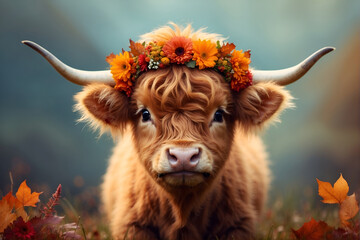 scottish highland cow with flower wreath