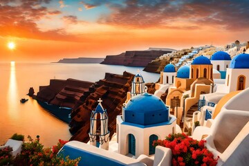 A cascading blend of coral and amber hues painting the sky over Santorini's coastal cliffs, the sun casting a mesmerizing glow on the horizon as boats gently traverse the azure waters.