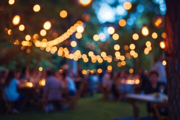 Outdoor party with lamp garlands and many people silhouettes, blurred background. AI generative - obrazy, fototapety, plakaty