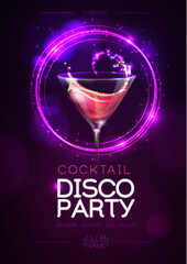 Disco modern cocktail party poster with neon violet sphere and realistic 3d cosmopolitan cocktail. Vector illustration