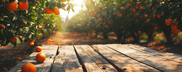 Empty wood table with free space over orange trees, orange field background. For product display montage - obrazy, fototapety, plakaty