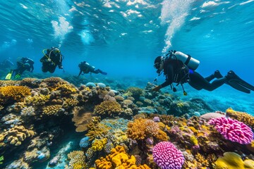 Scuba divers exploring vibrant coral reefs and encountering an array of colorful marine life in clear, azure waters. AI generative