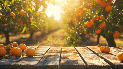 Empty wood table with free space over orange trees, orange field background. For product display montage - Powered by Adobe