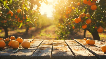 Fotobehang Empty wood table with free space over orange trees, orange field background. For product display montage © pisan thailand