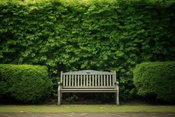 wooden bench near the bush wall