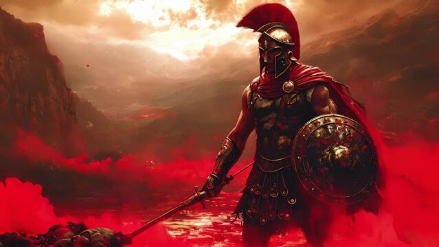 The ground beneath his feet stained with the of fallen enemies, the Spartan warrior stands firm as the last line of defense, prepared to make the ultimate sacrifice for his Fantasy animatio
