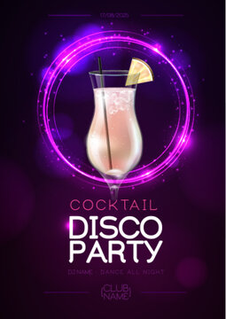 Disco modern cocktail party poster with neon violet sphere and realistic 3d pina colada cocktail. Vector illustration