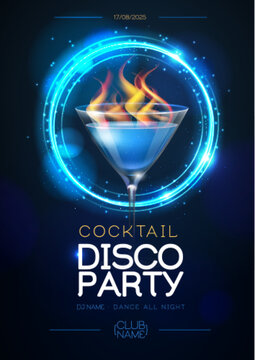 Disco modern cocktail party poster with neon blue sphere and realistic 3d sambuka cocktail. Vector illustration