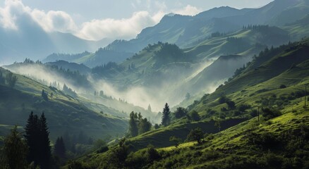 Fototapeta na wymiar Misty mountain landscape with lush greenery and layered hills under soft light.
