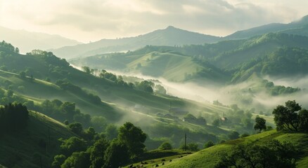 Naklejka premium Misty morning over lush green rolling hills with sunlight filtering through the haze.