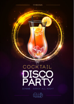 Disco modern cocktail party poster with neon golden sphere and realistic 3d tequila sunrise cocktail. Vector illustration