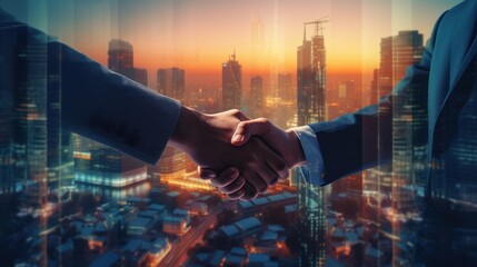 Double exposure of Business person handshake for agreement and success - obrazy, fototapety, plakaty