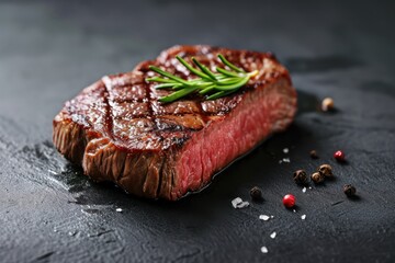 Fried steak with spices and green sprigs of rosemary on gray background. Food photography