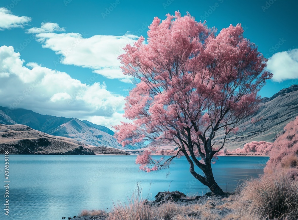 Wall mural Surreal infrared landscape with a pink tree by a tranquil lake and rolling hills under a blue sky.