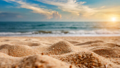 Fototapeta na wymiar Close up sand with blurred sea sky background, summer day, copy space or for product. Summer 
