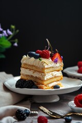 Napoleon cake decorated with berries and mint. Multilayer cake with custard. Traditional French dessert. Food photography