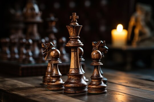 On an old chessboard, an antique wooden chess set. Generative Ai.