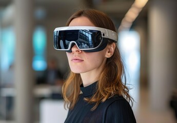 Woman using virtual vision glasses in the office