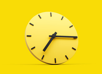3d Yellow Round Wall Clock 7:15 Seven Fifteen Quarter Past Seven Yellow Background 3d illustration